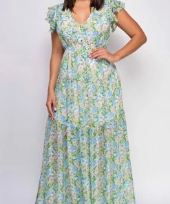 Emprada Dresses Vee Green Multi Floral Print Ruffle Maxi Dress