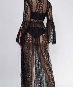 Emprada Samaria Black Lace Bell Sleeve Cover Up Swim