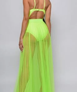 Emprada Palmaria Neon Lime Pleated Sheer Tulle Maxi Cover-up Skirt
