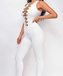 Emprada Jumpsuits & Rompers Lida White Gold Chain Lace Up Jumpsuit