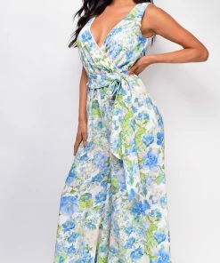 Emprada Jumpsuits & Rompers Sonele White Blue Floral Wide Leg Jumpsuit