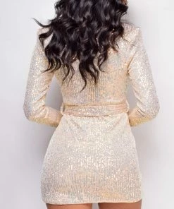 Emprada Dresses Sara Opal Cream White Sequin Belted Dress