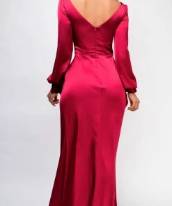 Emprada Dresses Adalina Burgundy Red Satin Wrap Slit Gown