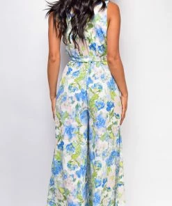 Emprada Jumpsuits & Rompers Sonele White Blue Floral Wide Leg Jumpsuit