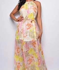 Emprada Dresses Topaz White Yellow Multi Color Floral Print Maxi Dress
