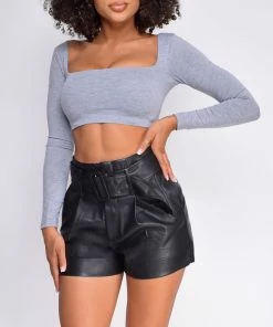 Emprada Rory Heather Grey Square Neckline Long Sleeve Crop Top Tops