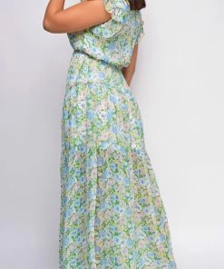 Emprada Dresses Vee Green Multi Floral Print Ruffle Maxi Dress