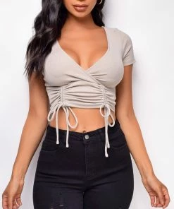 Emprada Tops Alex Beige Taupe Surplice Ruched Knit Top