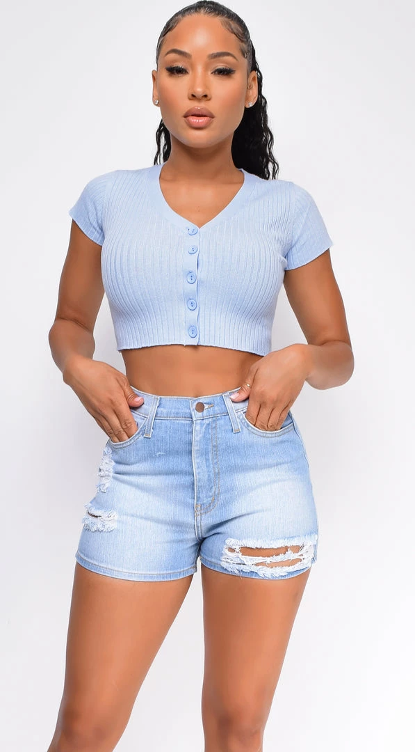 Emprada Tops Stormi Blue Ribbed Button Front Crop Top 1 Emprada Tops Stormi Blue Ribbed Button Front Crop Top