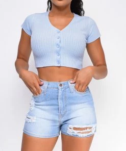 Emprada Apollo Blue Distressed High Rise Shorts Bottoms