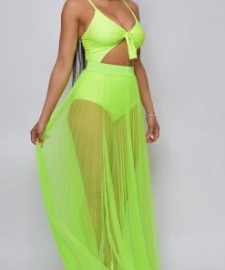 Emprada Palmaria Neon Lime Pleated Sheer Tulle Maxi Cover-up Skirt