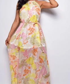 Emprada Dresses Topaz White Yellow Multi Color Floral Print Maxi Dress