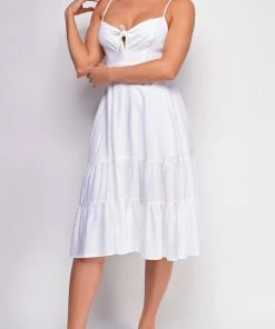 Emprada Dresses Aviva White Front Tie Midi Dress