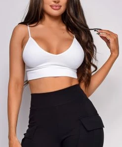 Emprada Luca White Seamless Ribbed Spaghetti Strap Brami Tops