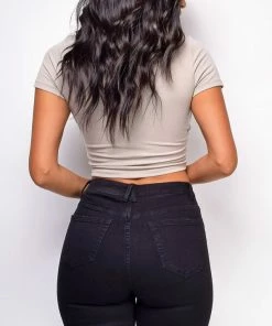 Emprada Tops Alex Beige Taupe Surplice Ruched Knit Top