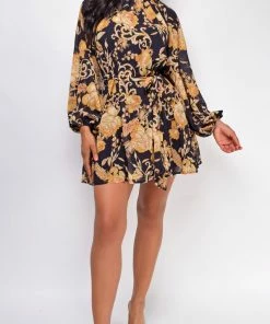 Emprada Nevaeh Black Gold Floral Dress Dresses