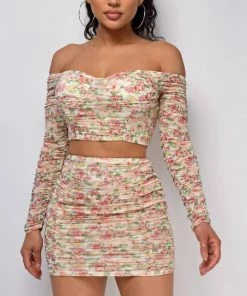 Emprada Sets Quincy Nude Floral Print Off Shoulder Top & Skirt Set