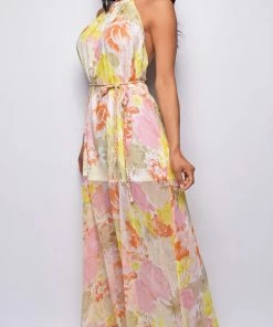 Emprada Dresses Topaz White Yellow Multi Color Floral Print Maxi Dress