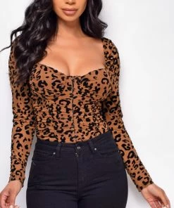 Emprada Dionne Camel Brown Velvet Flock Corset Bodysuit