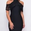 Emprada Little Black Dresses Evenia Black Mock Neck Lace Ruffle Open Shoulder Bandage Midi Dress