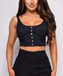 Emprada Tops Marseille Black Button Knitted Crop Top
