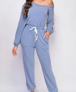 Emprada Isadora Blue Off Shoulder Long Sleeves Jumpsuit Loungewear