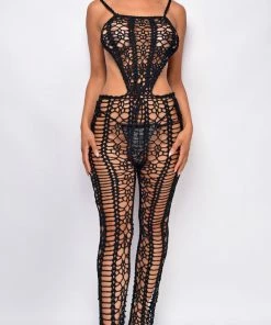 Emprada Juno Black Crochet Cover Up Jumpsuit Jumpsuits & Rompers