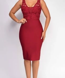 Emprada Freya Wine Red Crochet Lace Bandage Dress