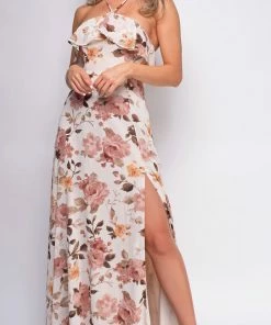Emprada Dresses Arabella Light Beige Multi Floral Print Maxi Dress