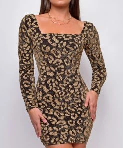 Emprada Ellery Gold Metallic Leopard Print Back Lace Up Mini Dress Dresses