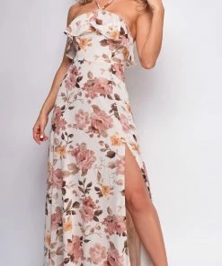 Emprada Dresses Arabella Light Beige Multi Floral Print Maxi Dress