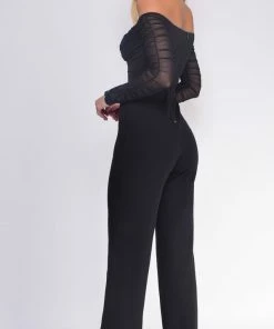 Emprada Windsor Black Off Shoulder Mesh Ruched Sleeves Jumpsuit