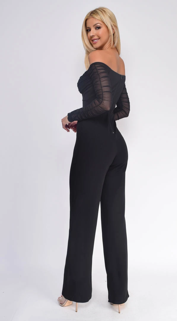Emprada Windsor Black Off Shoulder Mesh Ruched Sleeves Jumpsuit 2 Emprada Windsor Black Off Shoulder Mesh Ruched Sleeves Jumpsuit