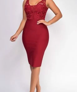 Emprada Freya Wine Red Crochet Lace Bandage Dress