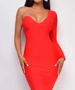 Emprada Ariel Red One Shoulder Bandage Dress Dresses
