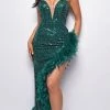 Emprada Naiya Green Sequin Feather Gown Dresses