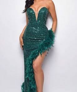 Emprada Naiya Green Sequin Feather Gown Dresses