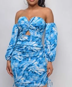 Emprada Dresses Roya Blue Floral Print Off Shoulder Dress