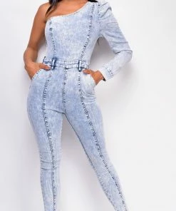 Emprada Yonela Blue Light Acid Wash One Shoulder Denim Jumpsuit