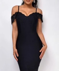 Emprada Dresses Novella Black Crochet Lace Off Shoulder Bandage Dress