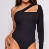 Emprada Tops Zaria Black Ribbed One Shoulder Long Sleeve Cut Out Bodysuit