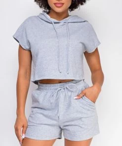 Emprada Chenille Grey Crop Hoodie And Short Set