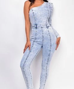 Emprada Yonela Blue Light Acid Wash One Shoulder Denim Jumpsuit
