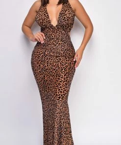 Emprada Morocco Brown Leopard Print Velvet Maxi Gown