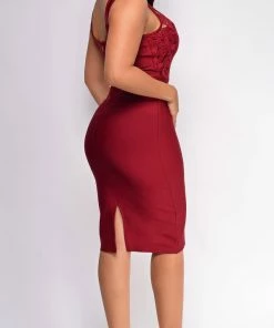 Emprada Freya Wine Red Crochet Lace Bandage Dress