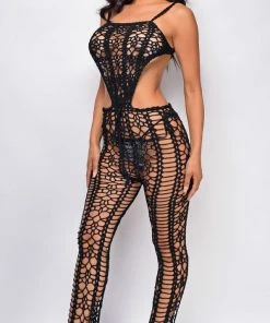 Emprada Juno Black Crochet Cover Up Jumpsuit Jumpsuits & Rompers
