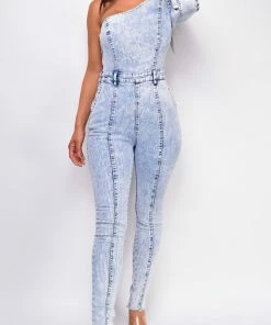 Emprada Yonela Blue Light Acid Wash One Shoulder Denim Jumpsuit