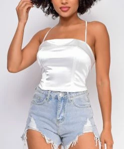 Emprada Tops Aleena White Satin Criss Cross Crop Top