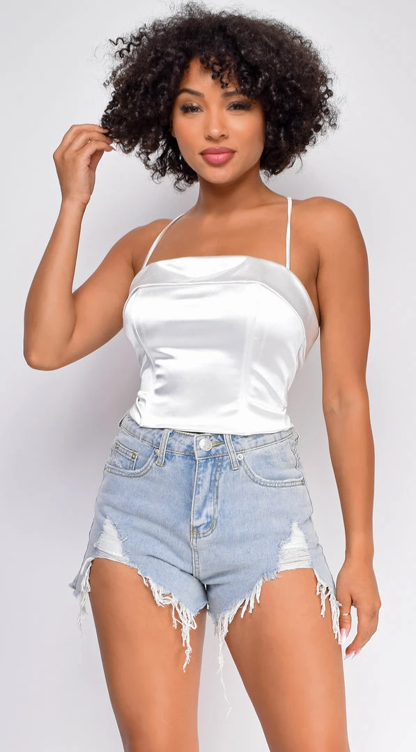 Emprada Tops Aleena White Satin Criss Cross Crop Top 1 Emprada Tops Aleena White Satin Criss Cross Crop Top