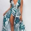 Emprada Maya White Green Tropical Maxi Dress